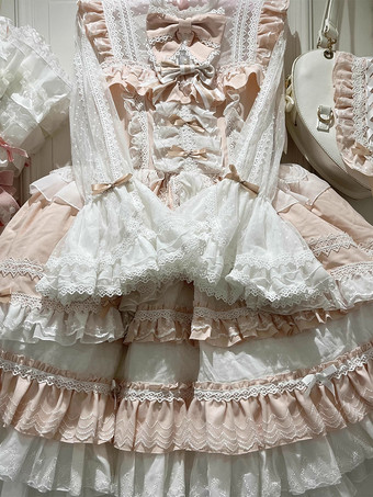 甘いロリータドレスポリエステルロングスリーブマルチレイヤーフリルレース蝶結び甘い姫ロリータドレス