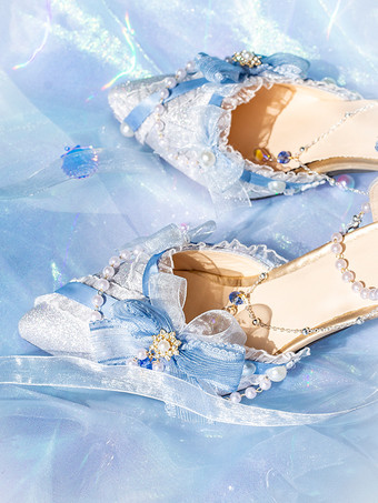 ロリータウェディングドレス、ロリータシューズ、ピンクカラーブロック、リボン、パール、フリル、つま先が尖ったロリータシューズ