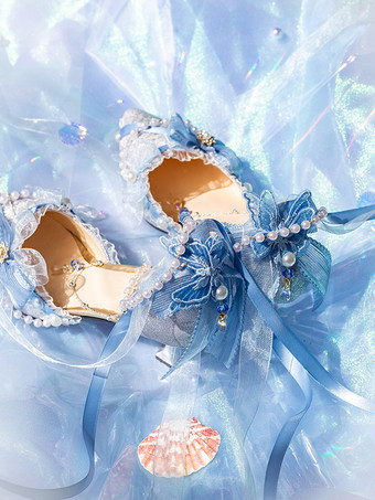 ロリータウェディングドレス、ロリータシューズ、ピンクカラーブロック、リボン、パール、フリル、つま先が尖ったロリータシューズ