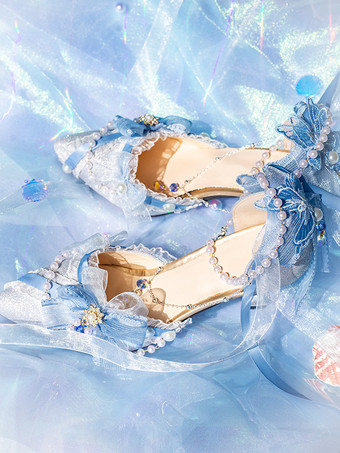 ロリータウェディングドレス、ロリータシューズ、ピンクカラーブロック、リボン、パール、フリル、つま先が尖ったロリータシューズ