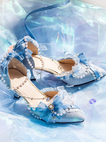 ロリータウェディングドレス、ロリータシューズ、ピンクカラーブロック、リボン、パール、フリル、つま先が尖ったロリータシューズ