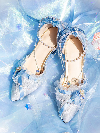 ライトスカイブルーロリータウェディングドレス、ロリータシューズ、ピンクカラーブロック、リボン、パール、フリル、つま先が尖ったロリータシューズ