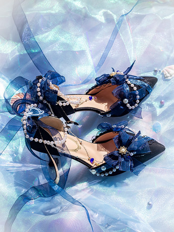 ロリータウェディングドレス、ロリータシューズ、ピンクカラーブロック、リボン、パール、フリル、つま先が尖ったロリータシューズ