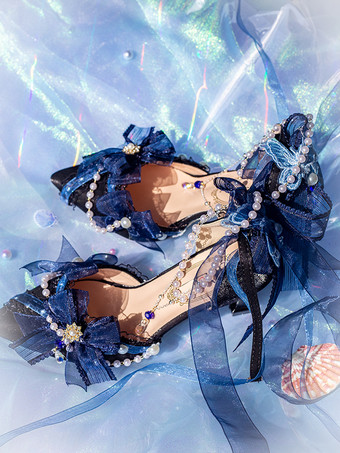 ロリータウェディングドレス、ロリータシューズ、ピンクカラーブロック、リボン、パール、フリル、つま先が尖ったロリータシューズ