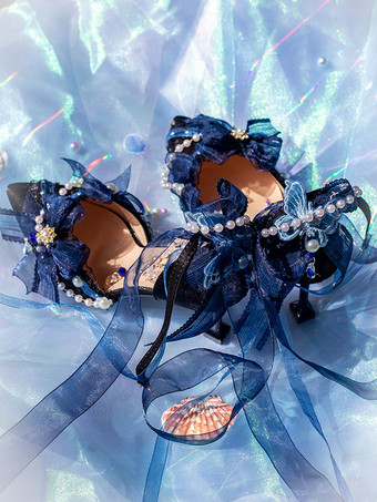 ロリータウェディングドレス、ロリータシューズ、ピンクカラーブロック、リボン、パール、フリル、つま先が尖ったロリータシューズ