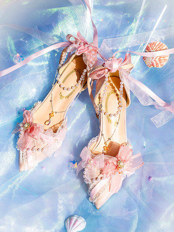 ピンクロリータウェディングドレス、ロリータシューズ、ピンクカラーブロック、リボン、パール、フリル、つま先が尖ったロリータシューズ