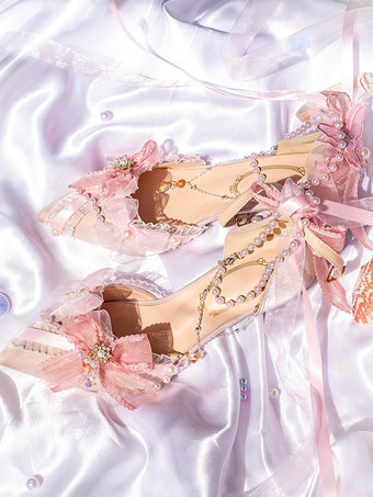 ロリータウェディングドレス、ロリータシューズ、ピンクカラーブロック、リボン、パール、フリル、つま先が尖ったロリータシューズ