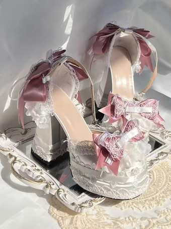 ロココ調ロリータシューズ エクリュホワイトカラーブロックリボン レースフリル ラウンドトゥ シルク＆サテンロリータシューズ