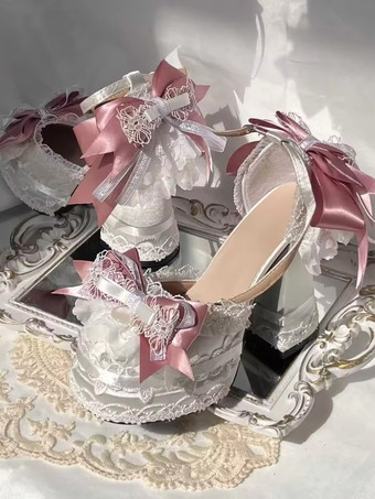 ロココ調ロリータシューズ エクリュホワイトカラーブロックリボン レースフリル ラウンドトゥ シルク＆サテンロリータシューズ