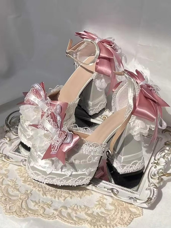 ロココ調ロリータシューズ エクリュホワイトカラーブロックリボン レースフリル ラウンドトゥ シルク＆サテンロリータシューズ