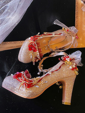 ロリータウェディングドレス ロリータシューズ ゴールドカラーブロックパールチェーンフラワーラウンドトゥPUレザーロリータパンプス