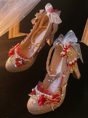 ロリータウェディングドレス ロリータシューズ ゴールドカラーブロックパールチェーンフラワーラウンドトゥPUレザーロリータパンプス