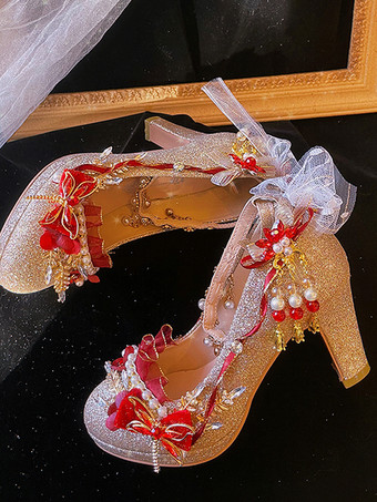 ロリータウェディングドレス ロリータシューズ ゴールドカラーブロックパールチェーンフラワーラウンドトゥPUレザーロリータパンプス