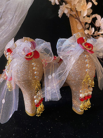 ロリータウェディングドレス ロリータシューズ ゴールドカラーブロックパールチェーンフラワーラウンドトゥPUレザーロリータパンプス