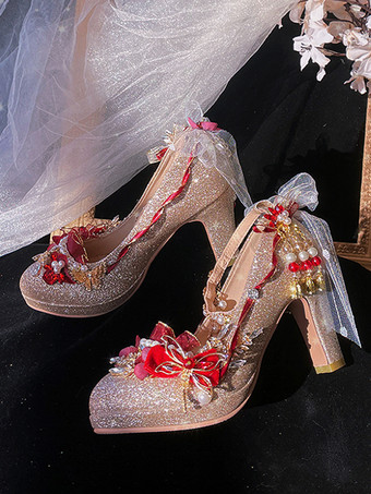 ロリータウェディングドレス ロリータシューズ ゴールドカラーブロックパールチェーンフラワーラウンドトゥPUレザーロリータパンプス