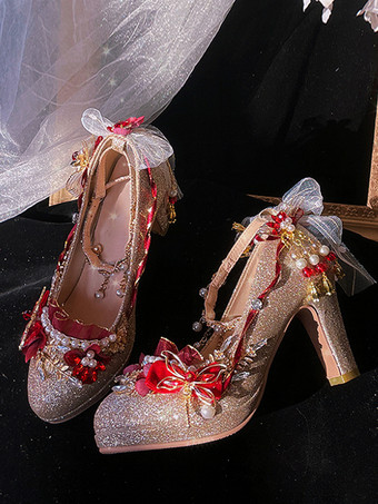 ゴールド ロリータウェディングドレス ロリータシューズ ゴールドカラーブロックパールチェーンフラワーラウンドトゥPUレザーロリータパンプス