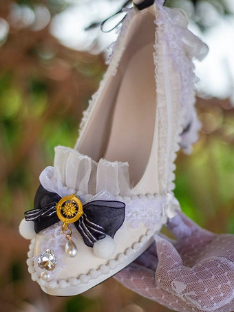 ブラック ロココ調ロリータシューズ ライトスカイブルーカラーブロックリボン レースフリル ラウンドトゥ PUレザーロリータパンプス