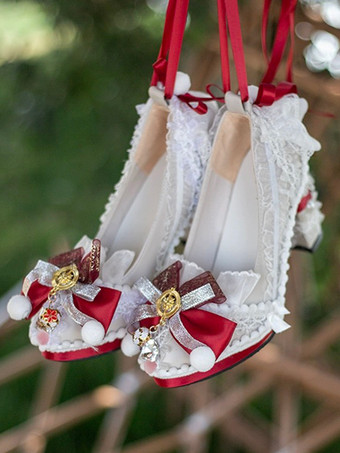 ワインレッド ロココ調ロリータシューズ ライトスカイブルーカラーブロックリボン レースフリル ラウンドトゥ PUレザーロリータパンプス