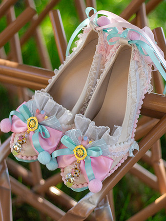 ロココ調ロリータシューズ ライトスカイブルーカラーブロックリボン レースフリル ラウンドトゥ PUレザーロリータパンプス