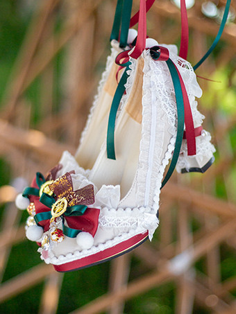 レッド ロココ調ロリータシューズ ライトスカイブルーカラーブロックリボン レースフリル ラウンドトゥ PUレザーロリータパンプス