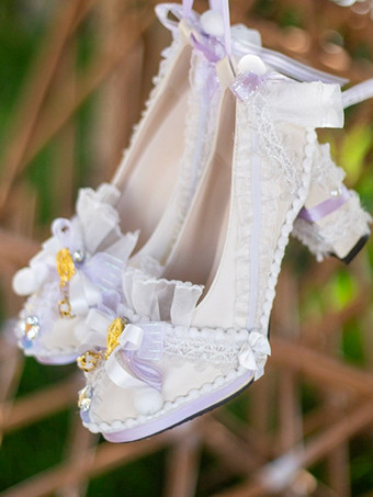 パープル ロココ調ロリータシューズ ライトスカイブルーカラーブロックリボン レースフリル ラウンドトゥ PUレザーロリータパンプス