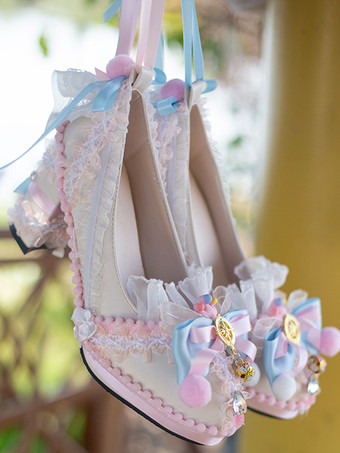 ロココ調ロリータシューズ ライトスカイブルーカラーブロックリボン レースフリル ラウンドトゥ PUレザーロリータパンプス