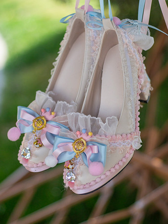 ピンクロココ調ロリータシューズ ライトスカイブルーカラーブロックリボン レースフリル ラウンドトゥ PUレザーロリータパンプス