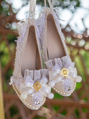 アイボリー ロココ調ロリータシューズ ライトスカイブルーカラーブロックリボン レースフリル ラウンドトゥ PUレザーロリータパンプス