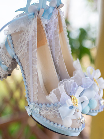 ライトスカイブルーロココ調ロリータシューズ ライトスカイブルーカラーブロックリボン レースフリル ラウンドトゥ PUレザーロリータパンプス
