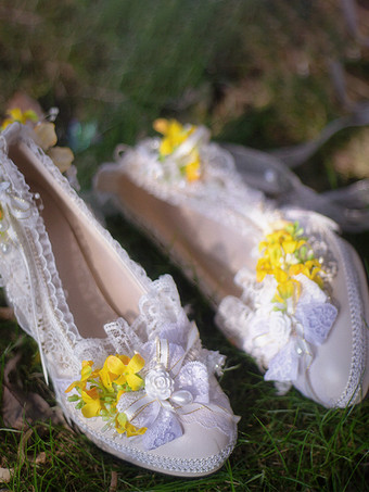 イエローロリータウェディングドレス ロリータシューズ パープルカラーブロックレースフラワーリボン ラウンドトゥ PUレザーロリータパンプス