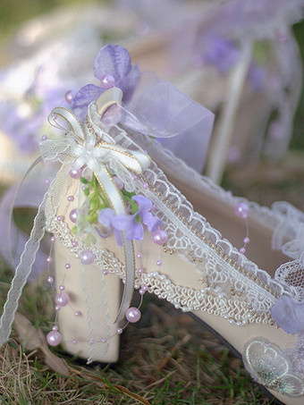 ロリータウェディングドレス ロリータシューズ パープルカラーブロックレースフラワーリボン ラウンドトゥ PUレザーロリータパンプス