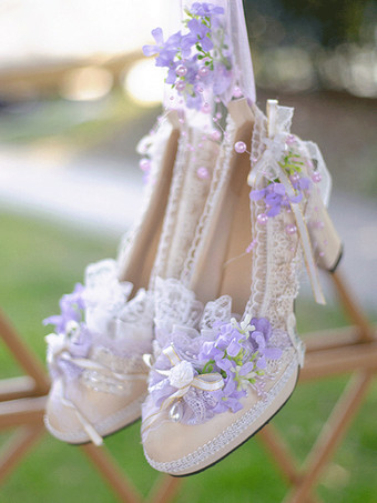 ロリータウェディングドレス ロリータシューズ パープルカラーブロックレースフラワーリボン ラウンドトゥ PUレザーロリータパンプス