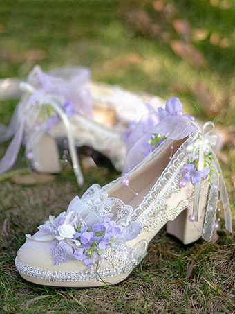 パープル ロリータウェディングドレス ロリータシューズ パープルカラーブロックレースフラワーリボン ラウンドトゥ PUレザーロリータパンプス