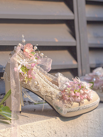 ロリータウェディングドレス ロリータシューズ パープルカラーブロックレースフラワーリボン ラウンドトゥ PUレザーロリータパンプス