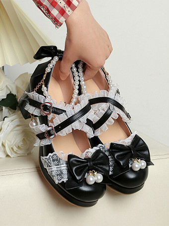 ロココ調ロリータシューズ パープルカラーブロックチェーン パールリボン ラウンドトゥ PUレザー ロリータパンプス