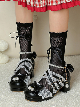 ロココ調ロリータシューズ パープルカラーブロックチェーン パールリボン ラウンドトゥ PUレザー ロリータパンプス