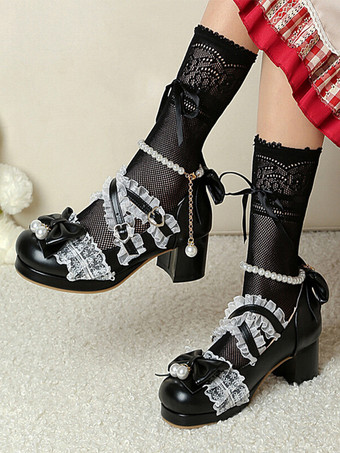 ブラック ロココ調ロリータシューズ パープルカラーブロックチェーン パールリボン ラウンドトゥ PUレザー ロリータパンプス