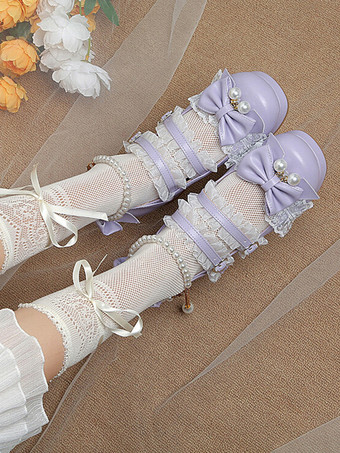 ロココ調ロリータシューズ パープルカラーブロックチェーン パールリボン ラウンドトゥ PUレザー ロリータパンプス