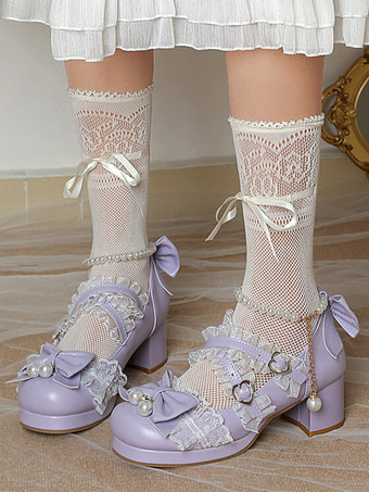 パープル ロココ調ロリータシューズ パープルカラーブロックチェーン パールリボン ラウンドトゥ PUレザー ロリータパンプス