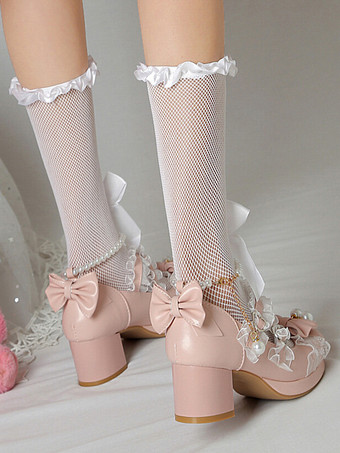 ロココ調ロリータシューズ パープルカラーブロックチェーン パールリボン ラウンドトゥ PUレザー ロリータパンプス