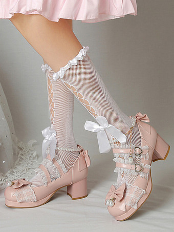 ロココ調ロリータシューズ パープルカラーブロックチェーン パールリボン ラウンドトゥ PUレザー ロリータパンプス