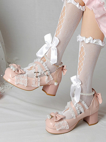 ピンクロココ調ロリータシューズ パープルカラーブロックチェーン パールリボン ラウンドトゥ PUレザー ロリータパンプス