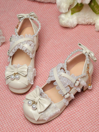 ロココ調ロリータシューズ パープルカラーブロックチェーン パールリボン ラウンドトゥ PUレザー ロリータパンプス