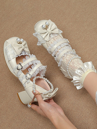 ロココ調ロリータシューズ パープルカラーブロックチェーン パールリボン ラウンドトゥ PUレザー ロリータパンプス