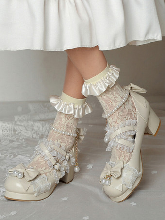 ロココ調ロリータシューズ パープルカラーブロックチェーン パールリボン ラウンドトゥ PUレザー ロリータパンプス