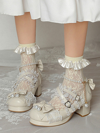 アイボリー ロココ調ロリータシューズ パープルカラーブロックチェーン パールリボン ラウンドトゥ PUレザー ロリータパンプス