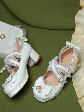 ロココ調ロリータシューズ パープルカラーブロックチェーン パールリボン ラウンドトゥ PUレザー ロリータパンプス