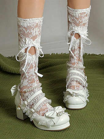 ロココ調ロリータシューズ パープルカラーブロックチェーン パールリボン ラウンドトゥ PUレザー ロリータパンプス