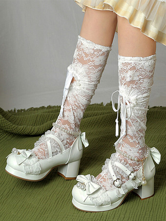 ホワイト ロココ調ロリータシューズ パープルカラーブロックチェーン パールリボン ラウンドトゥ PUレザー ロリータパンプス