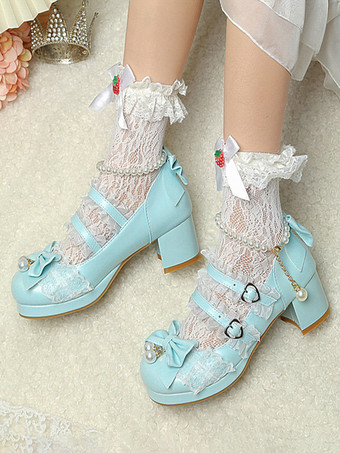 ロココ調ロリータシューズ パープルカラーブロックチェーン パールリボン ラウンドトゥ PUレザー ロリータパンプス